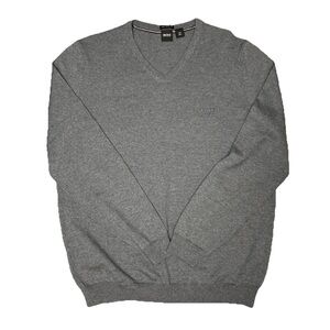 Hugo Boss V Neck Merino Wool Italian Yarn Sweater Mens Size XL Embroidered Gray